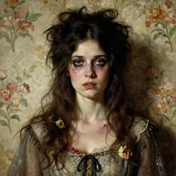 a beautiful and eerie baroque painting of a beautiful but serious woman in layers of fear, with haunted eyes and dark hair piled on her head, 1 9 7 0 s, seventies, floral wallpaper, wilted flowers, a little blood, morning light showing injuries, delicate embellishments, painterly, offset printing technique, art by walter popp