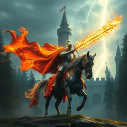 knight mounted in a horser, wielding a great sword of fire with electricity, standing in frontal of a castle, castle realistic, armor electricity hyperrealism, big forest world fantasy hyperrealism, sky lightnings artstation realistic by greg rutkowski hyperrealism