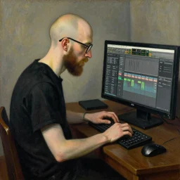 jan van eyck style oil painting of slim bald man with glasses and a beard wearing a t - shirt making music on ableton software on his computer