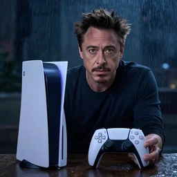 robert downey jr. playing a game on his playstation 5 during a stormy night, photorealistic, cinematic lighting, highly detailed