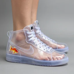 clear plastic nike high top sneakers made from clear plastic with an emblem of a goldfish on the side, bare feet visible inside