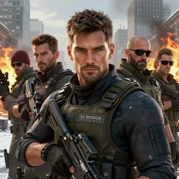 close-up portrait of a group of agents from (Tom Clancy's The Division), (snowy new york in background), fires in background, high detail, digital art, matte painting, trending on artstation, by Tom Garden, by Marek Okon