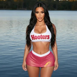 professional photo of kim kardashian wearing a hooters uniform, posed by a lake, intricate, elegant, highly detailed, smooth, sharp focus.