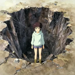 anime movie scene, mamoru oshii, otomo, ultra wide, vanishing point, hoody woman explorer, watercolor, crater, chasm, collapse, sinkhole, spiderwebs, flowers, billboards, sun beam, dusty volumetric lighting, rim light, paper texture, puddles, deserted shinjuku junk, brutalist, under bridge, yellow, red