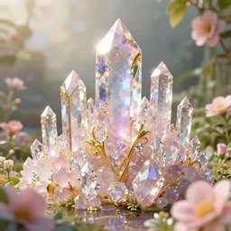 shimmering crystal city made of diamond and rose quartz with gold decoration, sparkling in the sunlight, surrounded by lush flowers and green leaves. trending on artstation.