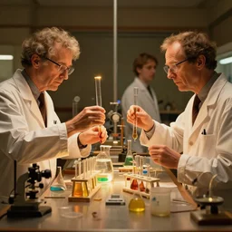 symmetry!! mad scientist conducting an experiment by otto dix and greg rutkowski and andreas rocha, cinematic lighting, highly detailed, warm colours, 4 k -