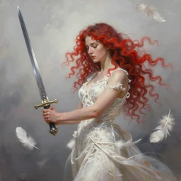 a painting of a woman holding a sword, a digital painting by peter mohrbacher, trending on artstation, metaphysical painting, speedpainting, made of feathers, digital painting, painting made of feathers mist and cloud, the woman made of curly silk with red edges