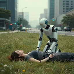 a sad photograph of a sad slender, humanoid robot caresses a woman lying in the field, large shot, wide shot, in a street, cyberpunk photo,