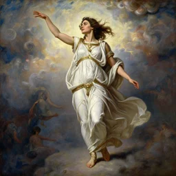 Full body oil painting of the beautiful woman Gal Gadot, she is wearing some withe ancient roman cloths and a surreal ornate, her hair is natural disheveled, she is approaching heaven, naturalism, dramatic lighting, high-detailed oil painting by Ilya Repin, Michelangelo da Caravaggio, William Blake, Alex Grey and Beksinski, trending on Artsatio, masterpiece, 4k, 8k,