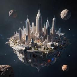 futuristic civilisation on a meteor floating in space, space, city, scifi, 8 k uhd, unreal engine, octane render in the artstyle of finnian macmanus, john park and greg rutkowski