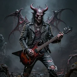 fractal apocalyptic demonic entity, punk rock fashion, studded leather jackets, ripped jeans, tattoos, piercings, bc rich guitars