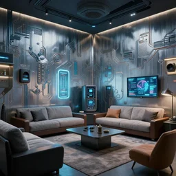 Sci fi living room lab, cybernetic wallpaper, unreal engine 5 tech demo, zillow interior, cool tint, metallic reflective, octane render, Frank Lloyd Wright ((Studio Ghibli))