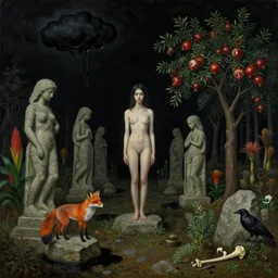 realistic painting of solid black night sky during a war, tall emo girl forest, stone sculptures, a fox, a pear tree, black clouds dripping black liquid, stones, black puddles, pomegranate tree, bromeliads, herbs, raven, bones, berries, zen, sensual, surrealist painting by magritte and monet and kahlo