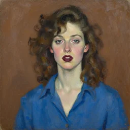 expressive medium shot portrait of a pale sexy young 8 0 s model woman with curly brown hair, big maroon lips, wearing a blue shirt, brown background, oil painting, impasto, muted colors, artwork by lucian freud, arnold bocklin, ossip zadnike