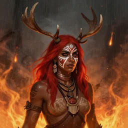 digital illustration of a buff dark skinned woman, war face paint, shaman, red hair, antlers, character concept art + the background is a rain of fire + made by roger dean