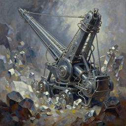 complex crystal mine, mechanical mining equipment, oil painting, by greg rutkowski