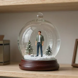 man inside a giant snowglobe on a shelf, macro photography