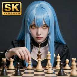 rimuru tempest from tensura playing chess, perfect hands, with amber eyes of golden colored eyes, straight hair, sky blue hair, long bangs, high collar, concept art, award winning photography, digital painting, cinematic, wlop, 8 k, by ross tran, tom bagshaw, andy warhol