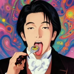 a colorful vibrant closeup portrait of a magician licking a tab of lsd acid on his tongue and dreaming psychedelic hallucinations by kawase hasui