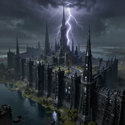 a city like minas tirith and stormwind , built with black glossy obsidian stones, huge defensive rampart, tall thin elegant wizard towers, near a lake, matte painting by greg rutkowski and craig mullins, trending on artstation, digital art, cinematic lightning,