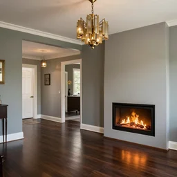 a modern living room with dark wood floors and muted colored walls, adjacent hallways, and a wall sized hollywood fireplace, low hanging art deco chandeliers on fire.