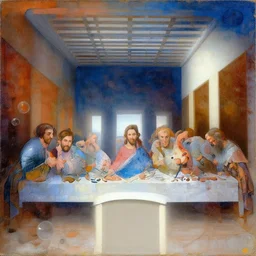 very old and very detailed great canvas with wonderful gradient from warm to cold tones, multilayer last supper johannes itten and hiroshi nagai colors,, pattern of escher style 3 6 0 panorama with hieronymus bosch style bubbles, contrast of light and shadows, unfinished,, digital 4 k, super resolution