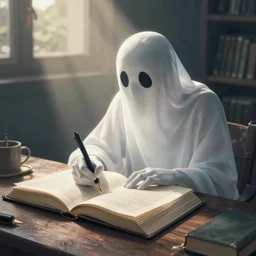 detailed illustration of a ghost writing a book