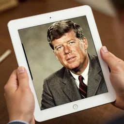 1 9 7 0 s vintage photograph of kennedy using an ipad, very detailed, very intricate,