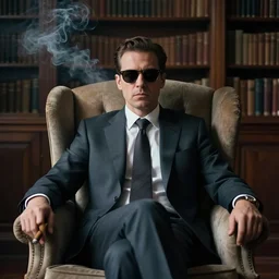moody portrait of a business man sitting in armchair in home library. camera is right in front of him. very symmetric face. he has serious expression. he is staring right into camera. he is wearing suit and tie and sunglasses. he is holding a cigar in his hand. smoke machine effects, the light is dim, and the colours are muted, studio photography