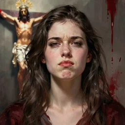 impudent facial expression of a shameless woman, Jesus Christ in the background, blood, elegant, trending on artstation, highly detailed, digital painting, volumetric light, concept art, sharp focus, illustration