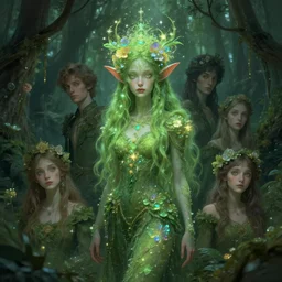 green forest spirit ; by james jean, charlie bowater, tom bagshaw, nikolay makovsky, melanie delon : : enchanting, ethereal, magical, glowing, sparkle, iridescent, flowerpunk, portrait, character design, illustration, hyperrealism, photorealism, digital art, concept art, dark fantasy, whimsy, weta, wlop, artstation