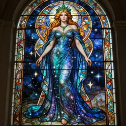 a full body stained glass window of triss merigold as the voluptuous empress of time, long and beautiful floor length nebula colored dress made of stars and stardust, emerald tiara and necklace, space, universe, portrait, highly detailed, deep focus, elegant, digital painting, smooth, sharp focus, illustration, ultra realistic, 8 k, art by artgerm and alphonse mucha