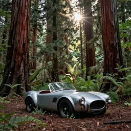 Photograph of an abandoned AC Cobra in an old redwood forest, massive trees, overgrown with vegetation, sun shining through the trees, backlit, crepuscular rays, muted colors, 8k