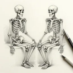 slightly anatomically incorrect pen and pencil sketch of two skeletons in perspective by finlay von ensor