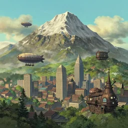 mountain city in a studio ghibli aesthetic, mountain by craig mullins and adam paquette, small steampunk airships, rendered in octane, cinematic, highly detailed