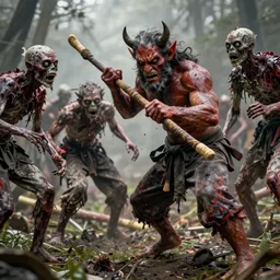 Devil fighting with zombies, hyper realistic, higly detailed,