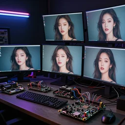 dozens of computer monitors showing a beautiful woman's portrait, loose cables and wiring, exposed motherboards,  neon lighting, dark room, cinematic lighting, very detailed, dramatic lighting, mechanical details, electrical details, high details, 4k, 8k, trending on artstation, by Hajime Sorayama and Boris Vallejo