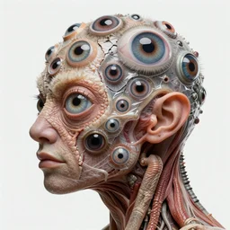 a high resolution photo of a complex head, grown together various animal eyes, amphibia hairless veins wrinkles morphing nature documentary, cracked plastic wrap, insect gills morph scales merged in fur skin, wrinkled muscles skin, veins merged feet head, displacement, distorted animal head face eyes arms tail 1 5 0