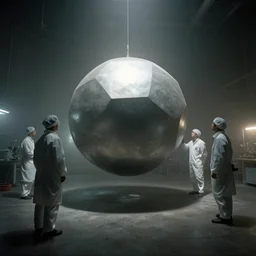 scientists examining a large floating perfectly spherical cube in a foggy bunker, twin peaks, by craig mullins