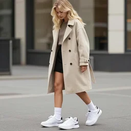 high quality realistic street photo of girl, blond hair, clothes in the style of 1 9 9 0, sneakers, lowered socks, loose coat ; kodak ektar, 2 0 0 iso, 3 5 mm lens, bill henson style beautiful chiaroscuro lighting, beautiful colour palette, beautiful and realistic, wide shot