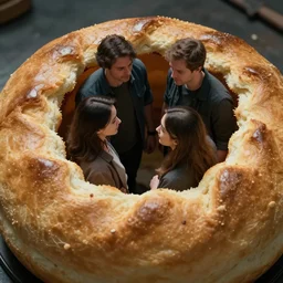 high quality close - up photo of people coming out of a giant crumpet, highly detailed, cinematic lighting, ricardo bofill anka zhuravleva, dramatic lighting, top shot, uhd 8 k, shallow depth of field