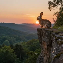 hyper realistic rabbit looking off of a cliff, sun setting behind rabbit silhouette, lush forest in valley below, painted by craig mullins, j. c. leyendecker 8 k