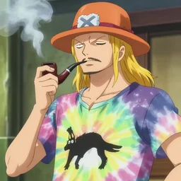 A still of a man with long blonde hair and a beard wearing a tie dye t-shirt and a hat while smoking a pipe in One Piece Anime Series