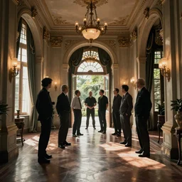 cinematography of detectives investigating a crime scene in an decadent mansion foyer by Emmanuel Lubezki