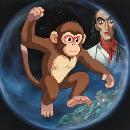 monkey exploring space, anime film still from the an anime directed by katsuhiro otomo with art direction by salvador dali, wide lens