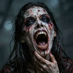 horrifying, killer, creepy, dead, open mouth, snapped jaw, detailed, 8 k, hyperrealistic, dramatic lighting, high resolution
