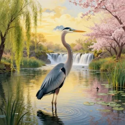 a majestic blue heron in shallow river, waterfalls in distance, left border beautiful willow, right border cherry blosom trees, lily pads bullrushes marsh clouds, golden hour intricate luminescent matte painting, highly detailed, artstation