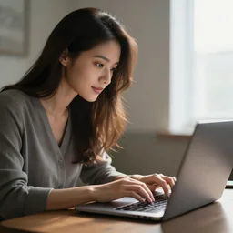 beautiful woman, typing on a laptop. Dynamic light, 4k
