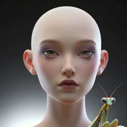 first contact facial portrait, female humanoid mantis, retro - futuristic, high details, by vincent di fate, artgerm julie bell beeple, 9 0 s, 3 d, matte, smooth gradients, volumetric lightning, light from below, high contrast, duo tone, depth of field