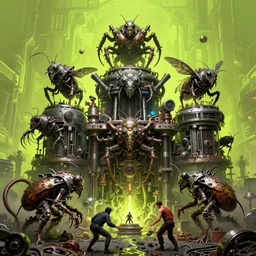 oils of 4 character, tiered grimy flayed throned insect god machines, cluster tiered heirarchy, battle chaos, mainframe hydrocracking battles, medical chromed final battle, oppressive dystopian, by wayne d barlowe, francesco blanc, jack gaughan, simon bisley, geof darrow, alex nino, enric torres, hyper realism, narrative light, neon lime